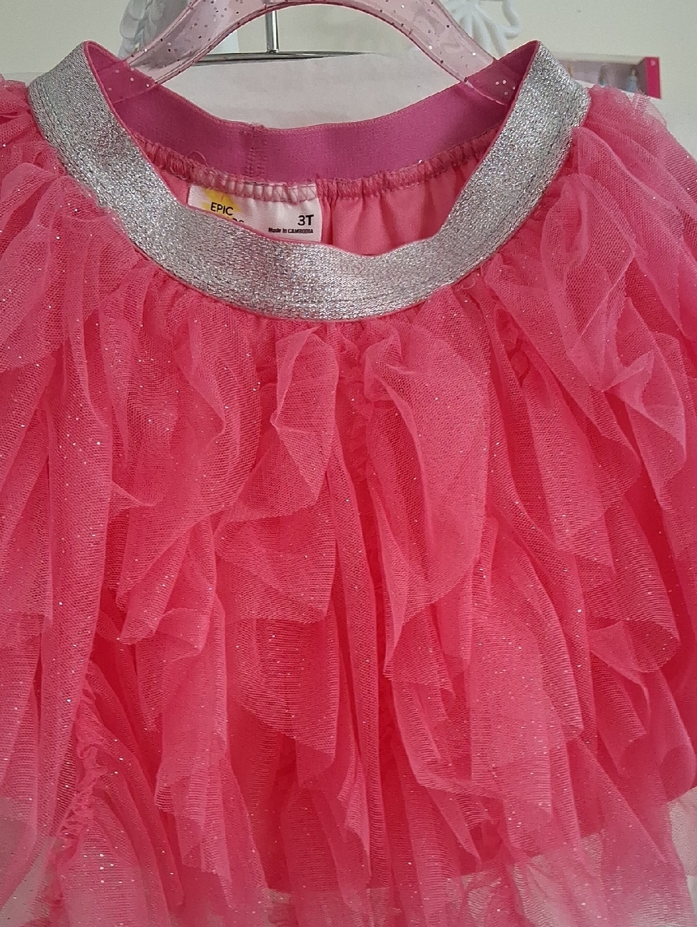 So Cute, Hot Pink Layered Tulle Skirt with Silver Glitter Trim